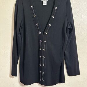 EXCLUSIVELY MISOOK Sz Small Open Front Cardigan Black 2‎ Hooks Eyelet Longline